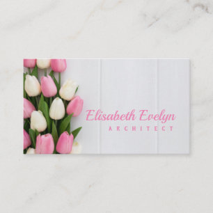 Lovely bouquet of tulips on white wooden backgroun business card
