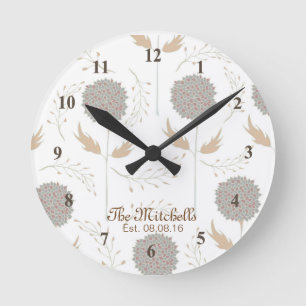 Lovely Brown and Grey Flower print Round Clock