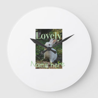 Lovely bunny rabbit pet photo name green pastel  large clock