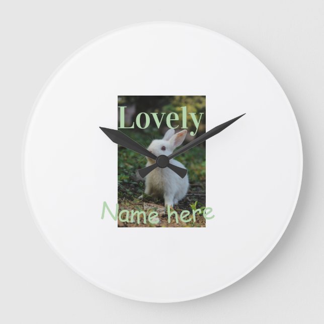 Lovely bunny rabbit pet photo name green pastel  large clock (Front)