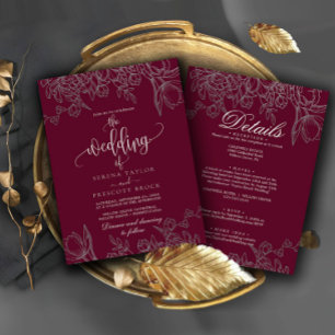 Lovely Burgundy Calligraphy All in One Wedding  Invitation