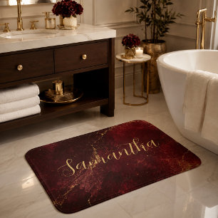 Lovely Burgundy Marble Gold Script Bath Mat