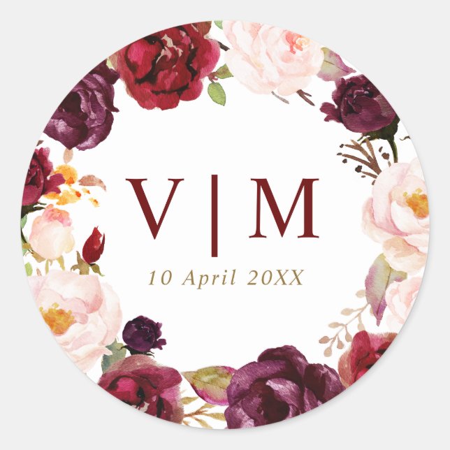 lovely burgundy red floral wedding sticker (Front)