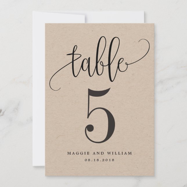 Lovely Calligraphie Numéro de table Carte Kraft (Devant)