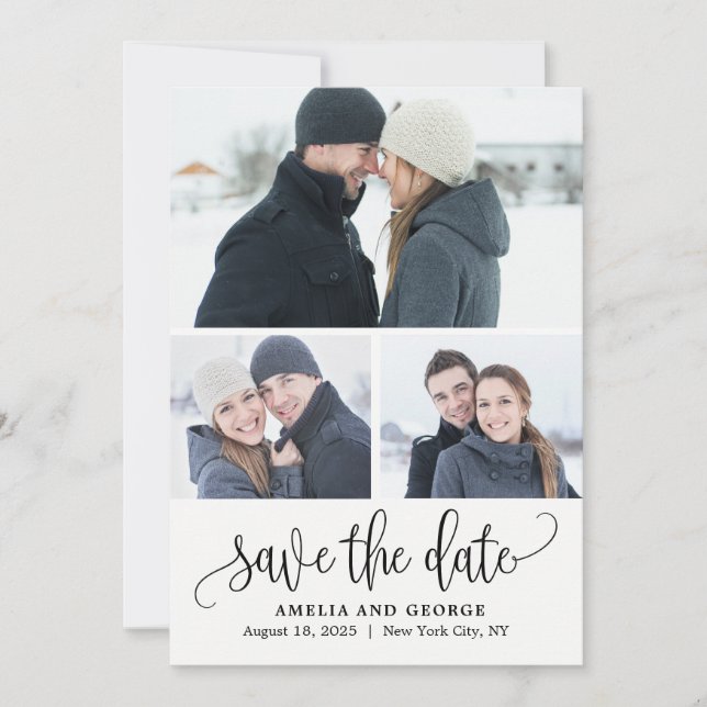 Lovely Calligraphy 3 Photos Save The Date Card (Front)