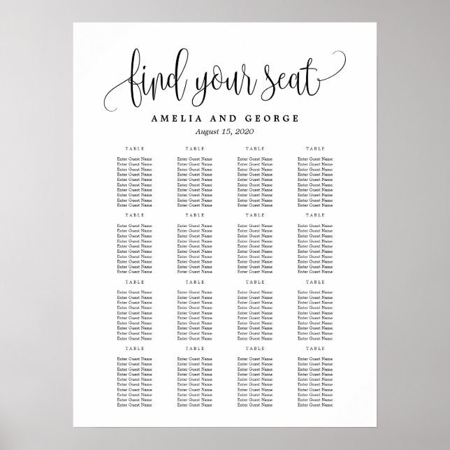 Lovely Calligraphy EDITABLE COLOR Seating Chart (Front)