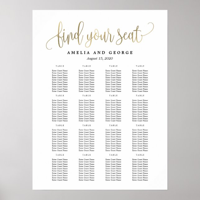 Lovely Calligraphy Faux Gold Seating Chart Poster (Front)