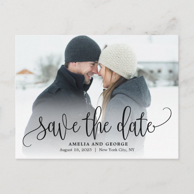 Lovely Calligraphy Photo Save The Date Postcard (Front)