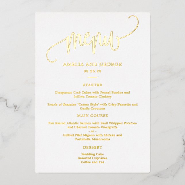Lovely Calligraphy REAL FOIL Elegant Menu Card (Front)