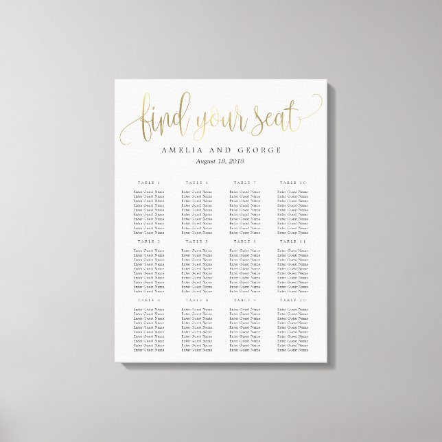 Lovely Calligraphy Seating Chart Canvas Faux Gold (Front)