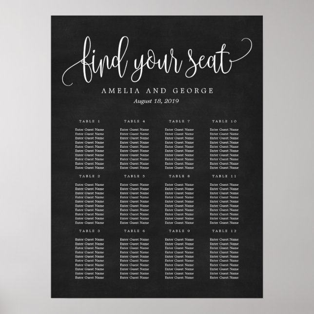 Lovely Calligraphy Seating Chart Poster (Front)