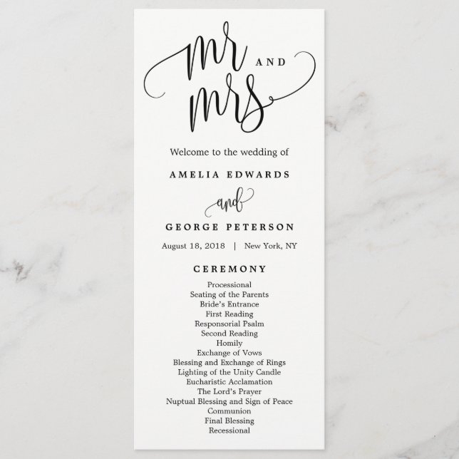Lovely Calligraphy Wedding Ceremony Program (Front)
