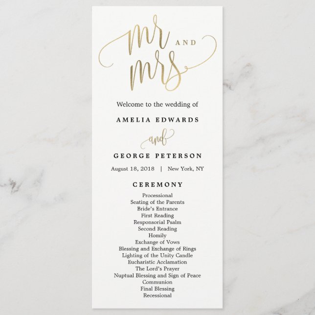 Lovely Calligraphy Wedding Program Faux Gold (Front)