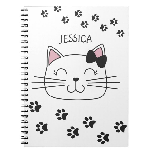Lovely cartoon cat with paws footprints with name notebook (Front)