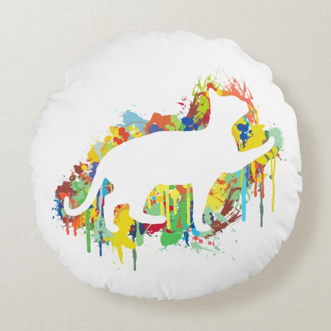 Lovely Cat Colourful Painting Splash Round Pillow (Front)