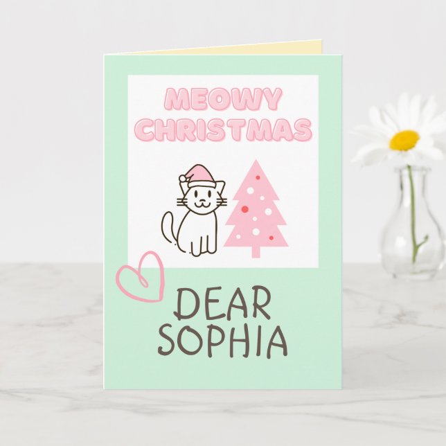 Lovely Cat in a Hat&Tree Happy Christmas Pastel Ca Card (Small Plant)