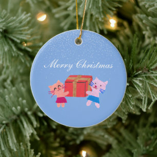 Lovely cats w gift box blue Christmas photo Ceramic Ornament