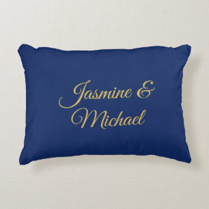 Lovely Chic Calligraphy Couple Names Blue & Gold Accent Pillow