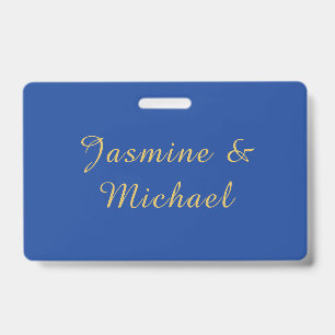 Lovely Chic Calligraphy Couple Names Blue & Gold Badge