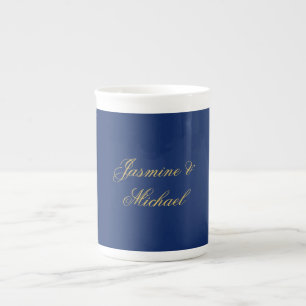 Lovely Chic Calligraphy Couple Names Blue & Gold Bone China Mug