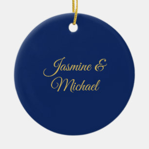 Lovely Chic Calligraphy Couple Names Blue & Gold Ceramic Ornament