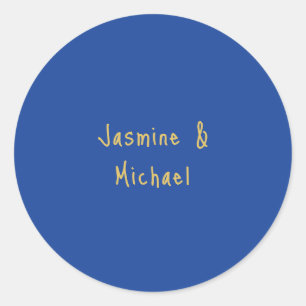 Lovely Chic Calligraphy Couple Names Blue & Gold Classic Round Sticker