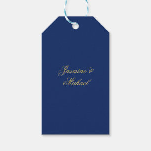 Lovely Chic Calligraphy Couple Names Blue & Gold Gift Tags