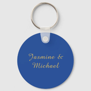 Lovely Chic Calligraphy Couple Names Blue & Gold Keychain