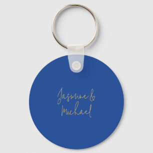 Lovely Chic Calligraphy Couple Names Blue & Gold Keychain