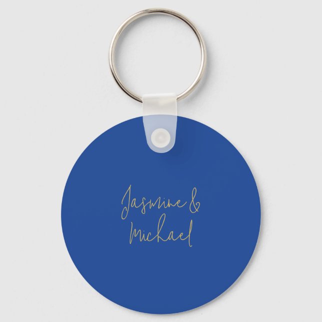 Lovely Chic Calligraphy Couple Names Blue & Gold Keychain (Front)