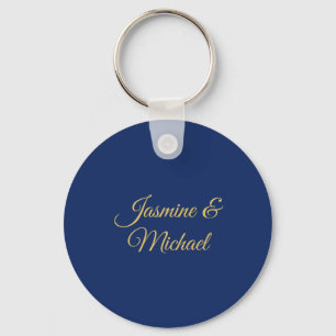 Lovely Chic Calligraphy Couple Names Blue & Gold Keychain