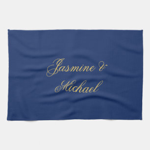 Lovely Chic Calligraphy Couple Names Blue & Gold Kitchen Towel