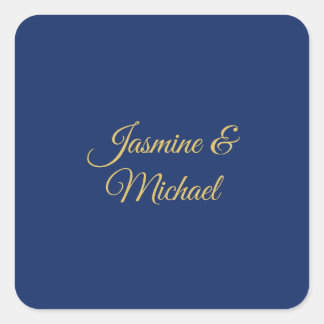 Lovely Chic Calligraphy Couple Names Blue & Gold Square Sticker