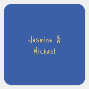 Lovely Chic Calligraphy Couple Names Blue & Gold Square Sticker