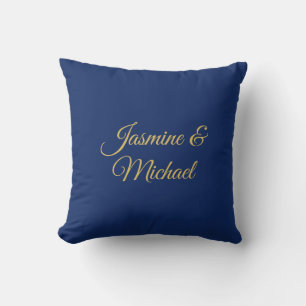 Lovely Chic Calligraphy Couple Names Blue & Gold Throw Pillow