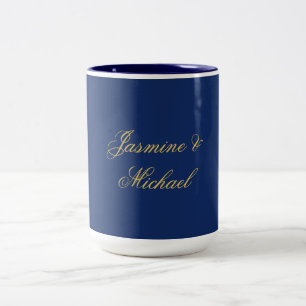 Lovely Chic Calligraphy Couple Names Blue & Gold Two-Tone Coffee Mug