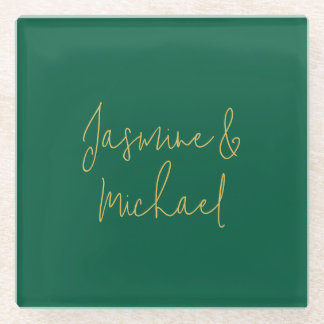 Lovely Chic Calligraphy Couple Names Green & Gold Glass Coaster
