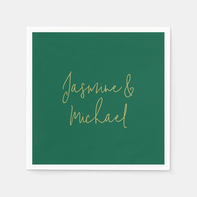 Lovely Chic Calligraphy Couple Names Green & Gold Napkin (Front)