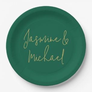 Lovely Chic Calligraphy Couple Names Green & Gold Paper Plate