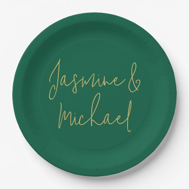 Lovely Chic Calligraphy Couple Names Green & Gold Paper Plate (Front)