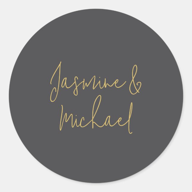 Lovely Chic Calligraphy Couple Names Grey & Gold Classic Round Sticker (Front)