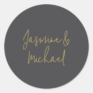 Lovely Chic Calligraphy Couple Names Grey & Gold Classic Round Sticker