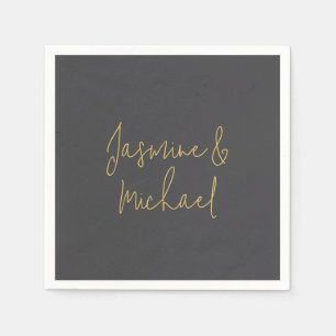 Lovely Chic Calligraphy Couple Names Grey & Gold Napkin
