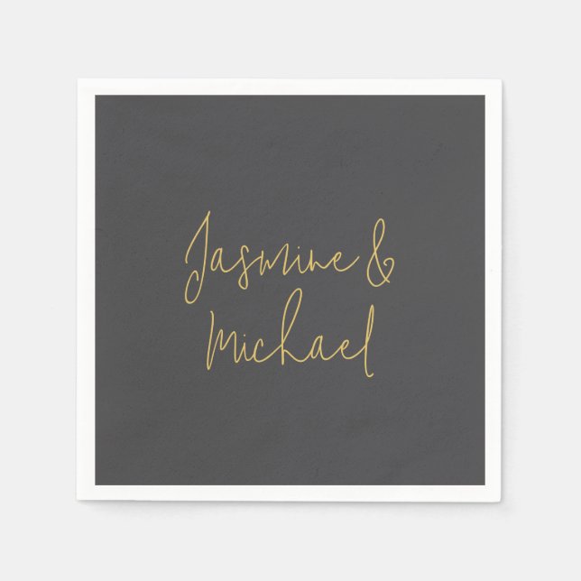 Lovely Chic Calligraphy Couple Names Grey & Gold Napkin (Front)