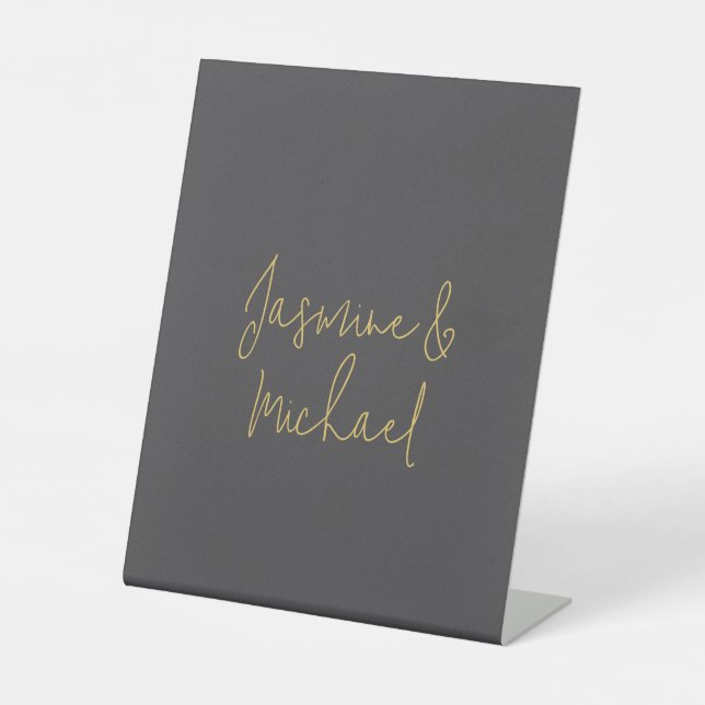 Lovely Chic Calligraphy Couple Names Grey & Gold Pedestal Sign (Front)
