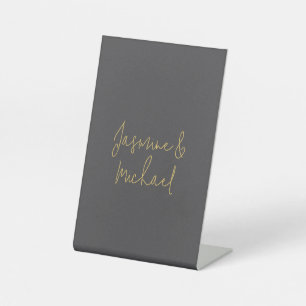 Lovely Chic Calligraphy Couple Names Grey & Gold Pedestal Sign