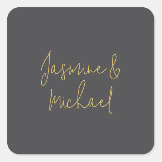 Lovely Chic Calligraphy Couple Names Grey & Gold Square Sticker