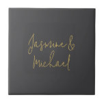 Lovely Chic Calligraphy Couple Names Grey & Gold Tile<br><div class="desc">You Can Easily Change the Fonts, Background Image and Colour, Letter Characters.</div>