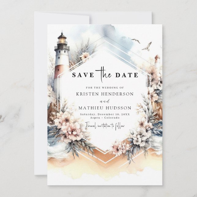 Lovely Chic Watercolor Lighthouse Wedding Save The Date (Front)