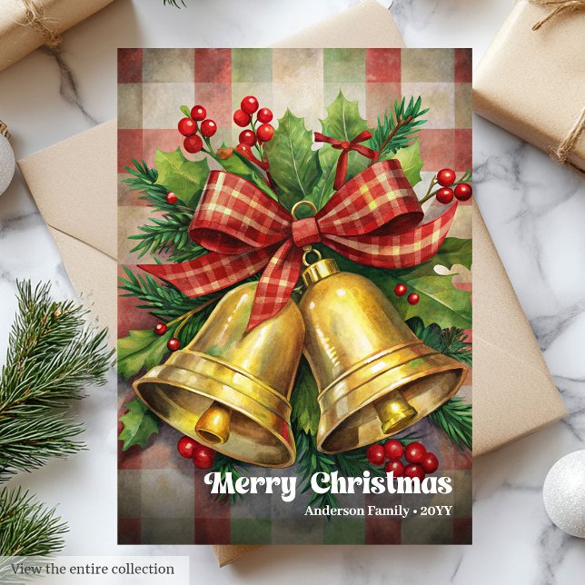 Lovely Christmas bells vintage holly berries Holiday Card (Lovely Christmas bells vintage holly berries greeting)